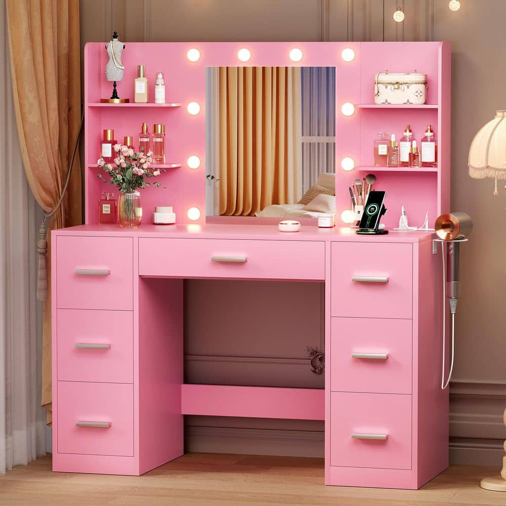 Makeup Vanity With Lights in 3-Colors, Vanity Desk with Large Mirror, Drawers and Shelves, White - thumbnail 2