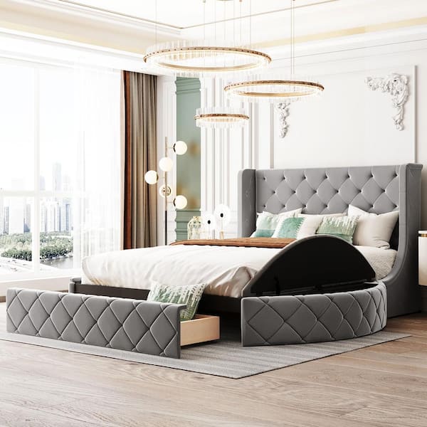 Queen Upholstered Platform Bed with 1 Storage Drawer, Queen Bed Frames with  Adjustable Headboard, Strong Wood Slats and Metal Center Legs Support, for