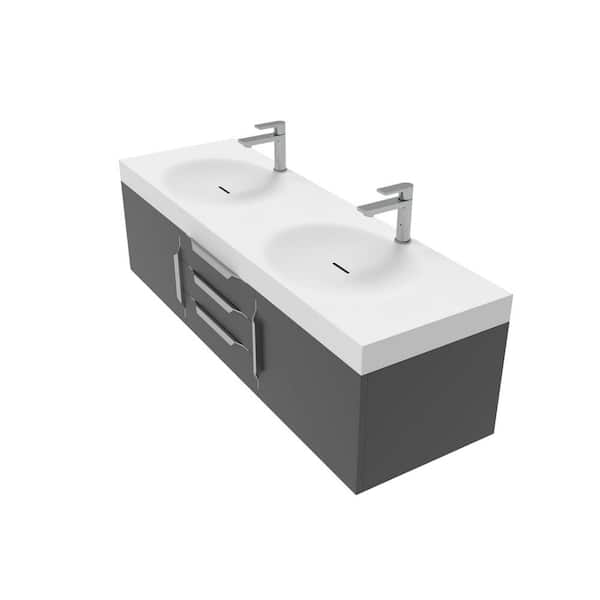 castellousa Thames 60 in. W x 18.9 D x 16.25 H Double Floating Bath Vanity in Matte Black with Chrome Trim w Solid Surface White Top