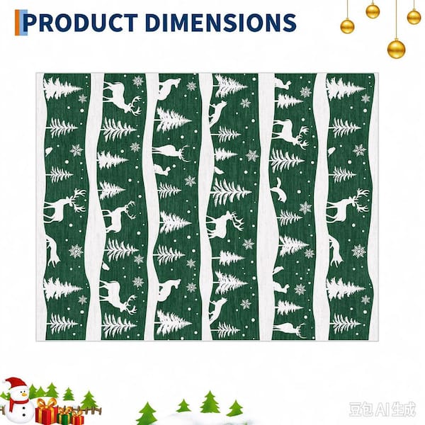 9 ft. X 12 ft. Green Christmas Washable with Xmas Tree, Reindeer, Non-Slip Backing, Foldable, for Living Room Area Rug