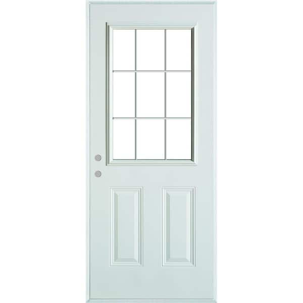 Stanley Doors 32 in. x 80 in. Colonial 9 Lite 2-Panel Painted White Right-Hand Steel Prehung Front Door with Internal Grille
