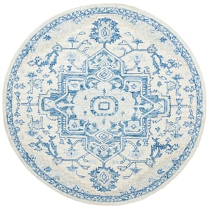Micro-Loop Ivory/Blue 5 ft. x 5 ft. Round Medallion Floral Area Rug