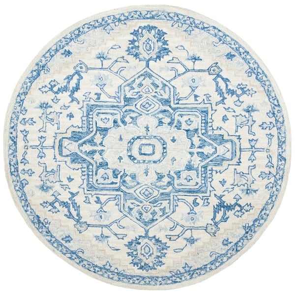 Micro-Loop 9 ft. x 9 ft. Round Ivory/Blue Floral Medallion Area Rug