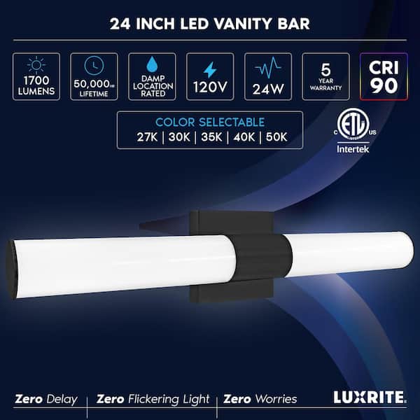 24 in. Black Fixture 5 CCT 2700K-5000K Vanity 1-Light 24-Watt 1700 Lumens Dimmable Damp Rated ETL Listed