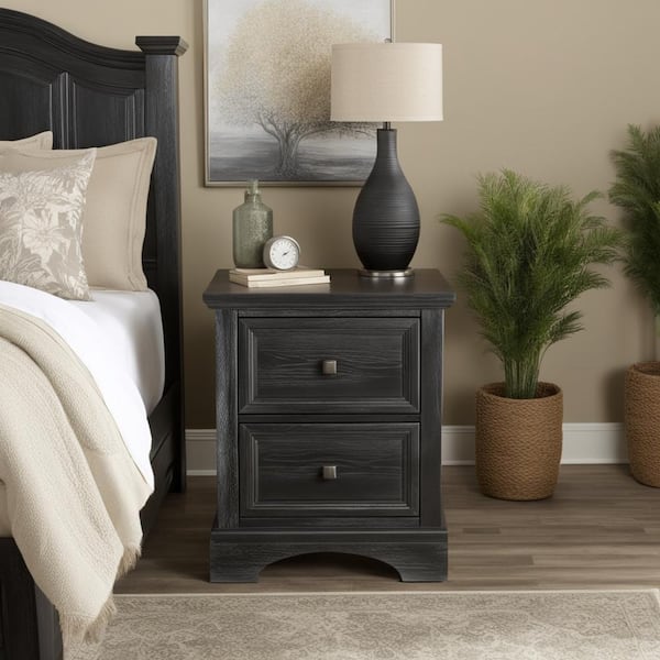 OSP Home Furnishings Farmhouse Basics 2-Drawer Rustic Black Wood Nightstand