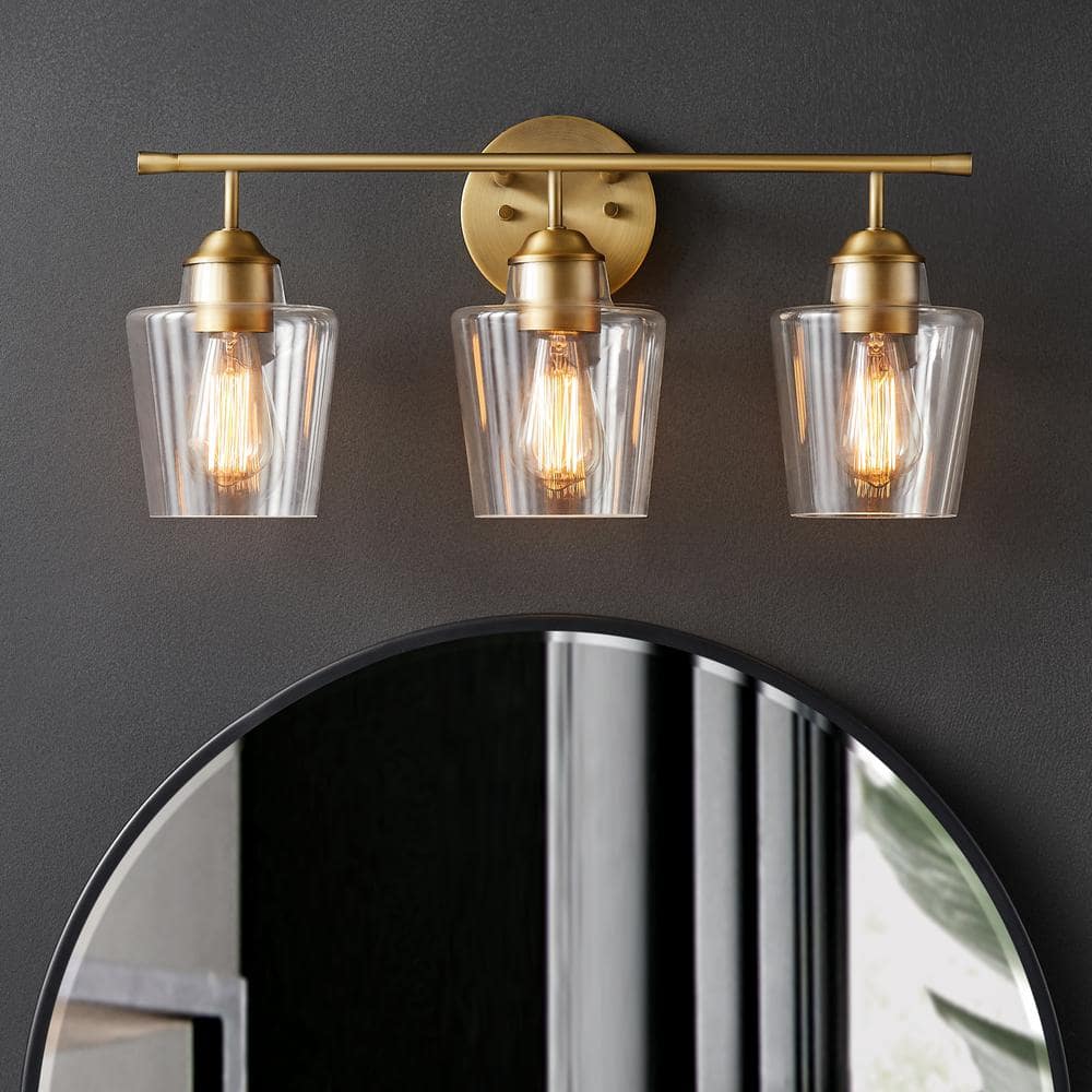 Antique Brass 3-Light Dimmable Bathroom Vanity Light with Clear Glass Shades