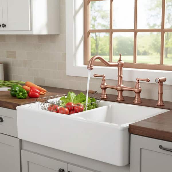 Antique Design Double Handle Bridge Kitchen Faucet with Side Sprayer in Copper