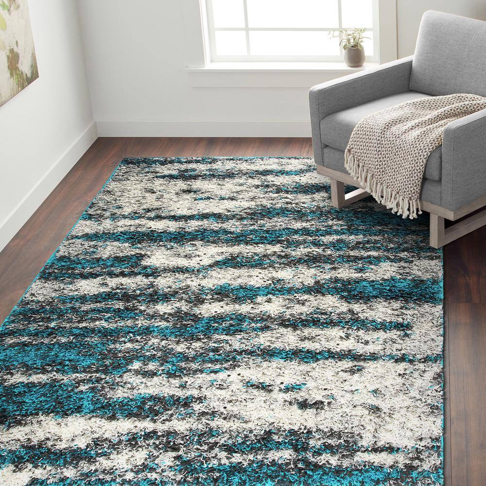 Turquoise Shag Abstract 5' x 7' Easy-Care Synthetic Area Rug