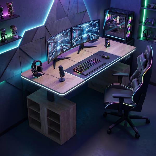 FUFU&GAGA 63 in. Rectangular Natural Wood 0-Drawer Gaming Desk