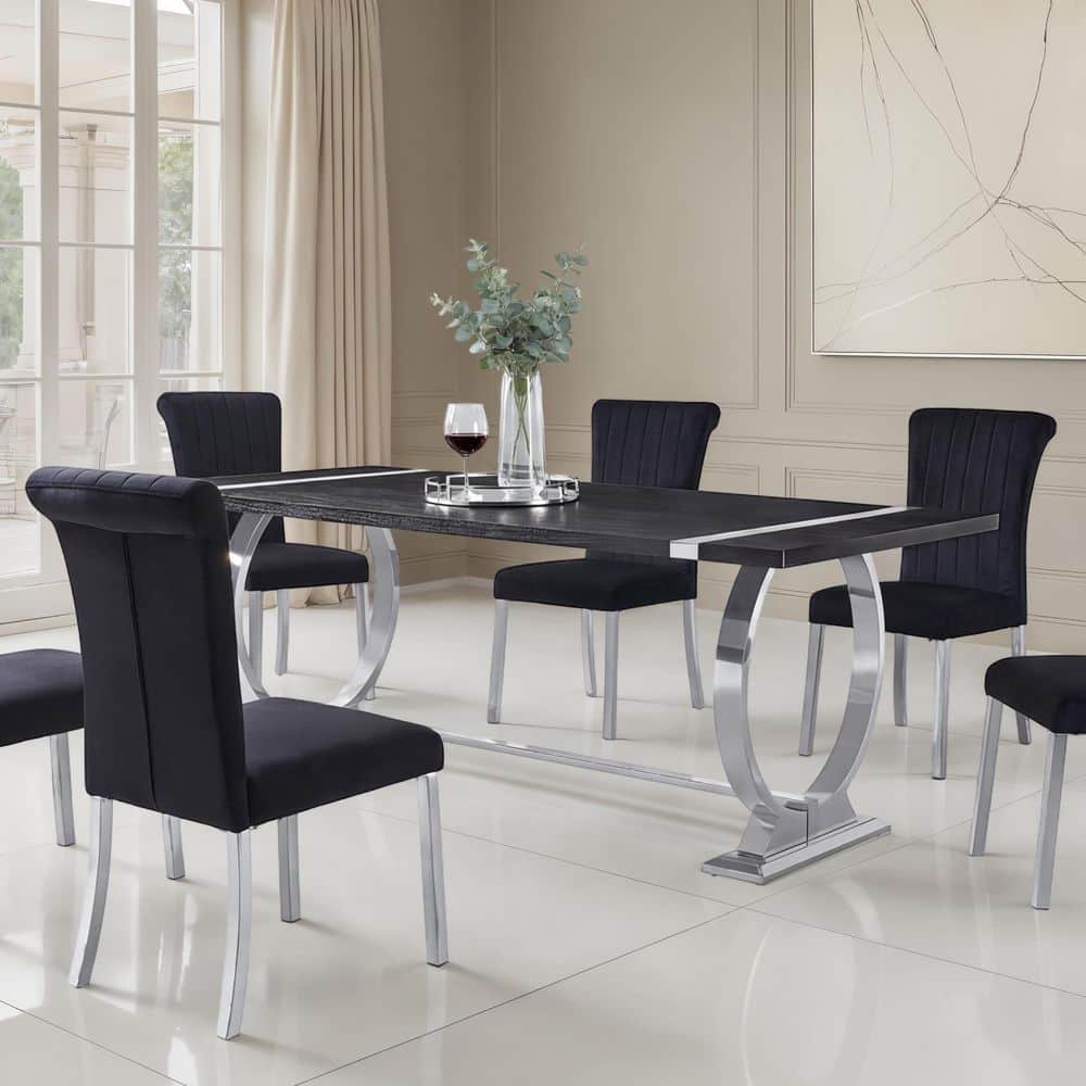 Kihla 5-Piece Silver/Black 80 in. Wood Top Dining Room Set with Stainless Steel Trestle Base (Seats 4) price history on PriceWatchPro