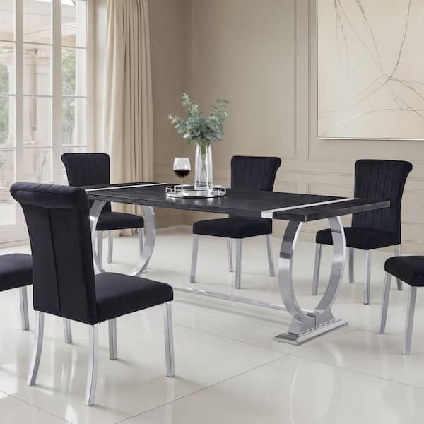 Kihla 5-Piece Silver/Black 80 in. Wood Top Dining Room Set with Stainless Steel Trestle Base (Seats 4)