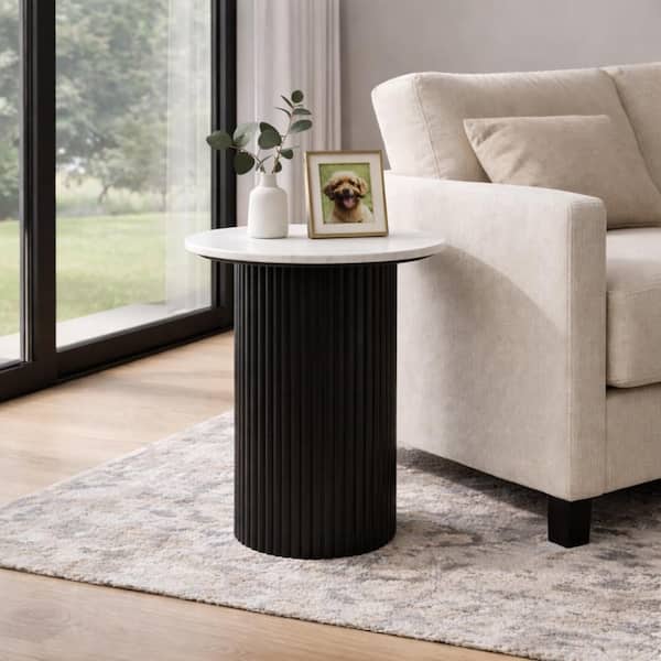 18 in. White/Black Round Marble Top End Table with Fluted Wood Base
