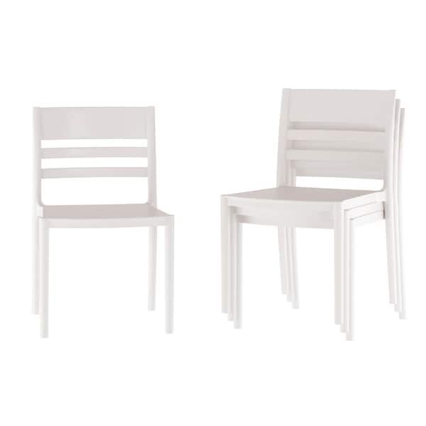 Bridgeport White with Slatted Backrest Plastic Indoor-Outdoor Stacking Patio Chairs in White Set of 4