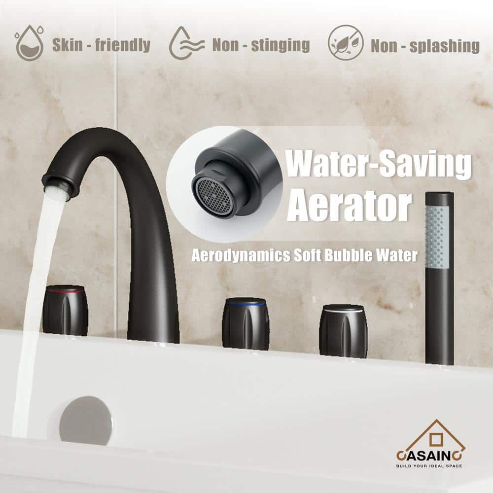 Matte Black Triple Handle Deck Mount Roman Tub Faucet with Hand Shower