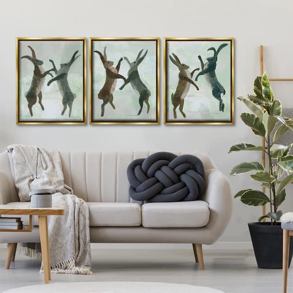 Battling Hares in Neutral Tones by Kay Widdowson 3 Piece Gold Floater Frame Animal Graphic Art Print 31 in. x 25 in.