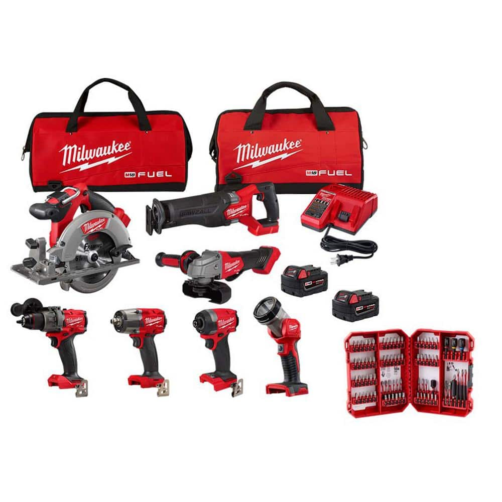 M18 FUEL 18V Lithium-Ion Brushless Cordless Combo Kit w 2 5.0 Ah Batteries, Charger, Tool Bags (7-Tool) Bit Set (80-Pc) -  Milwaukee