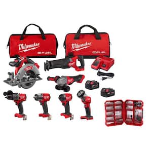 M18 FUEL 18V Lithium-Ion Brushless Cordless Combo Kit w 2 5.0 Ah Batteries, Charger, Tool Bags (7-Tool) Bit Set (80-Pc)