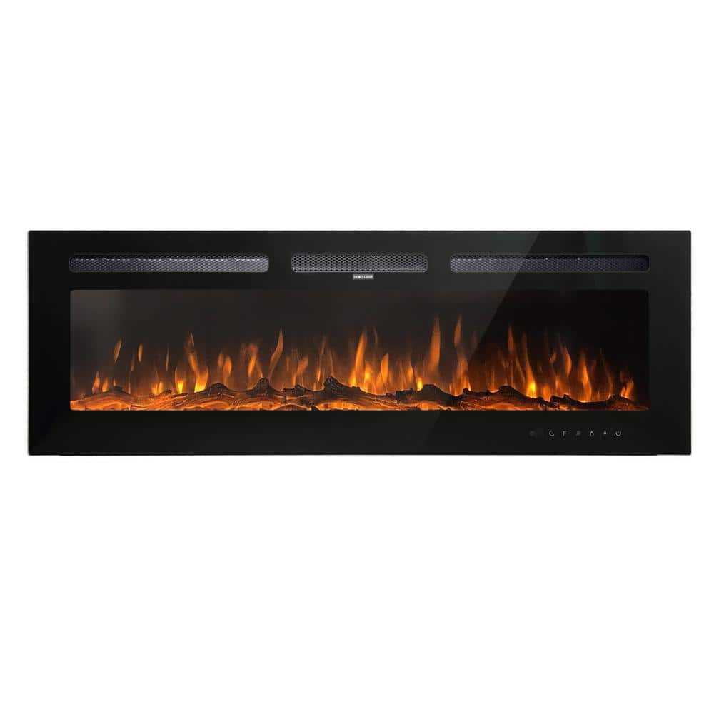 Black 60 in. Wall Mounted Recessed Electric Fireplace with Logs and Crystal