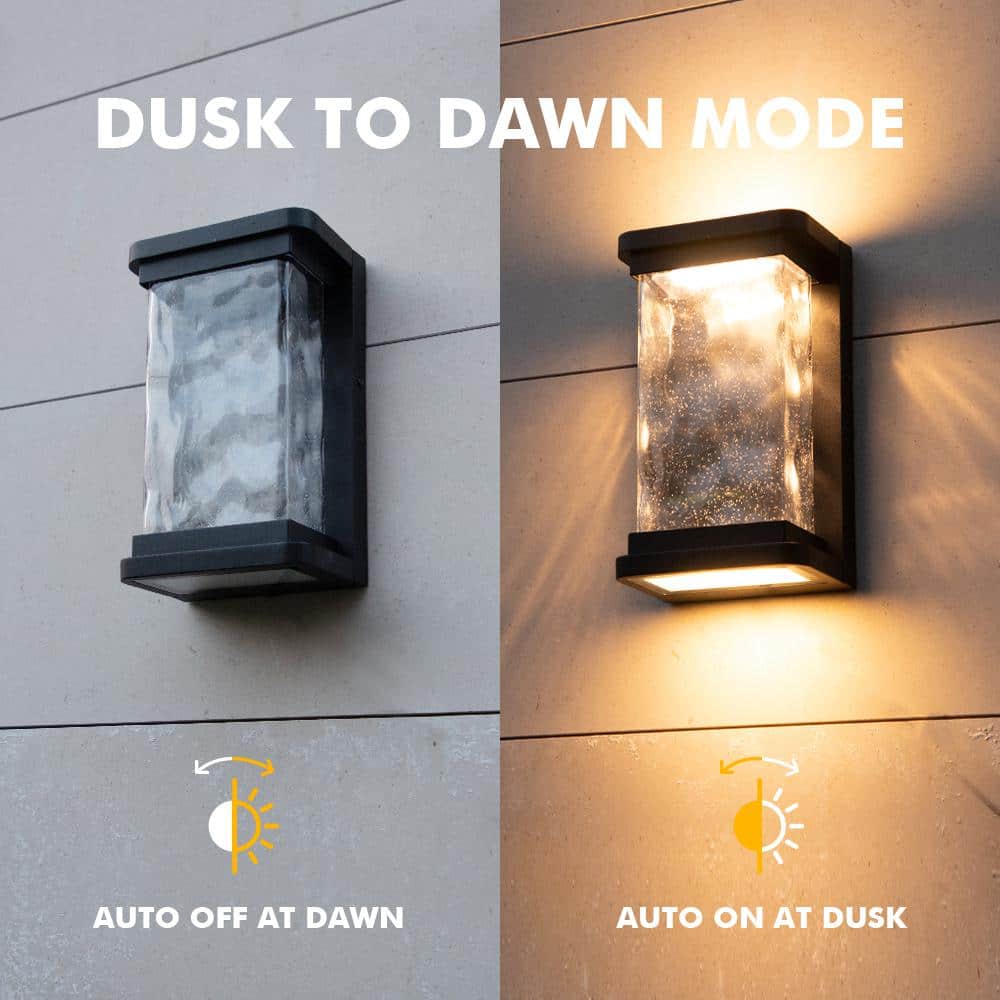 Modern Matte Black LED Outdoor Wall Lantern with Seeded Glass
