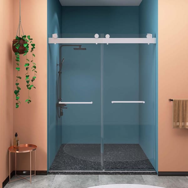 60 in. W x 79 in. H Sliding Frameless Shower Door with Tempered Glass, Brushed Nickel
