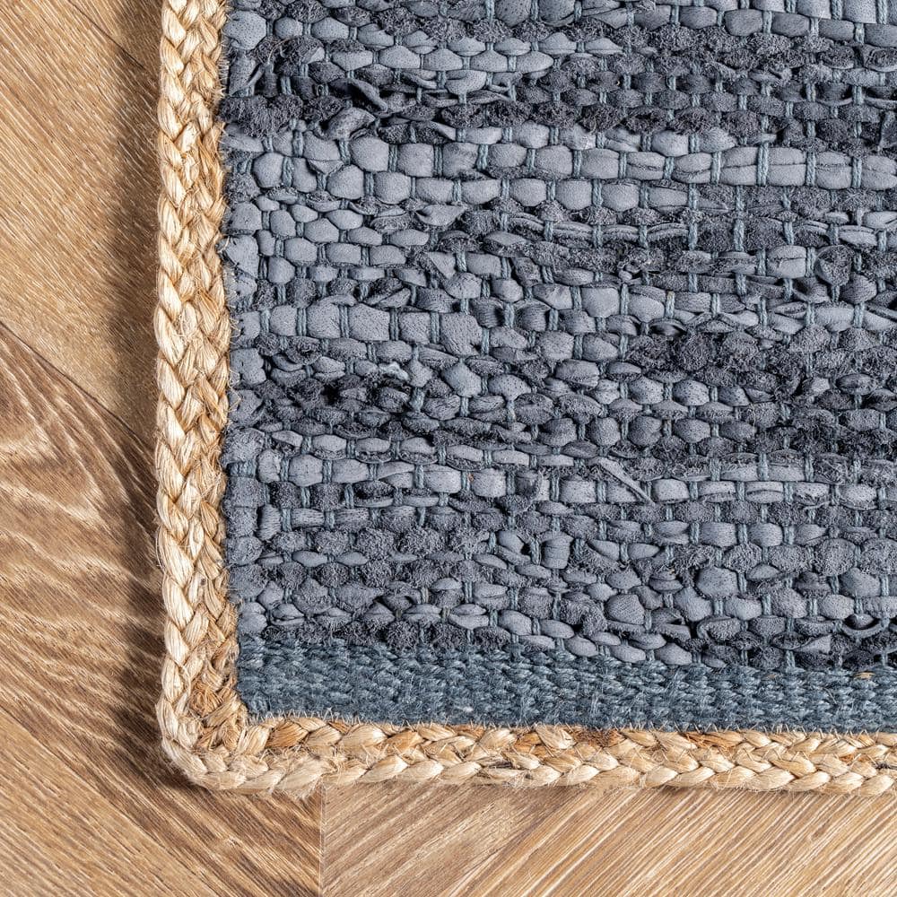Handwoven Coastal Hemp & Leather 3' x 5' Blue Area Rug