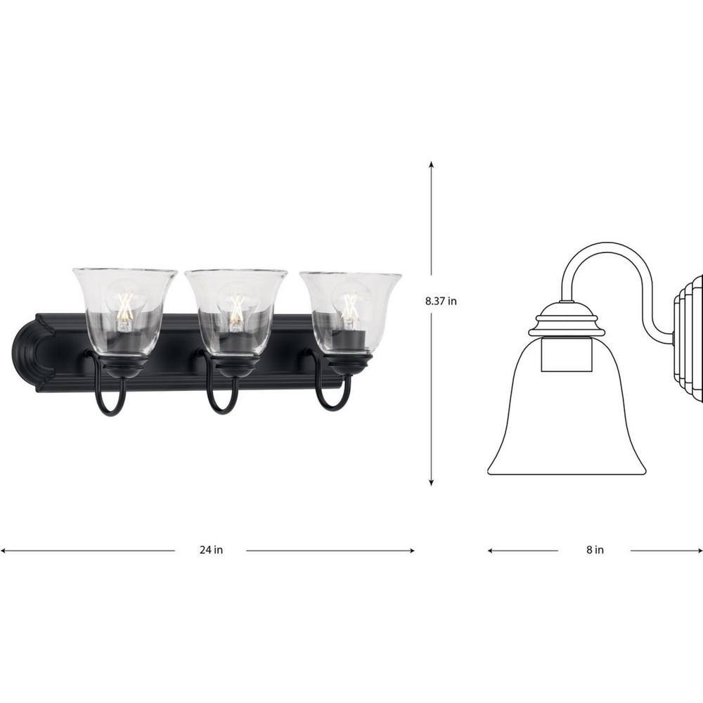 Matte Black 3-Light Vanity Light with Clear Glass Shades