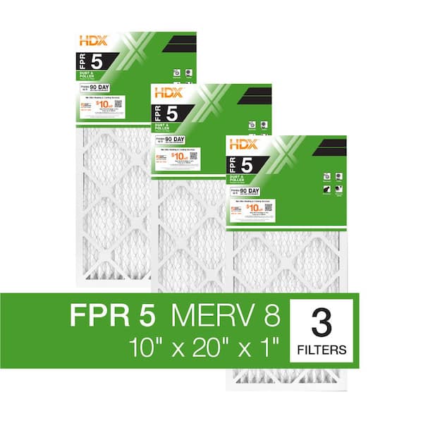 HDX 10 in. x 20 in. x 1 in. Standard Pleated Air Filter FPR 5, MERV 8 (3-Pack)