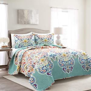 Boho Chic Reversible Oversized Cotton 3Pc Full/Queen Seafoam/Red Quilt Set