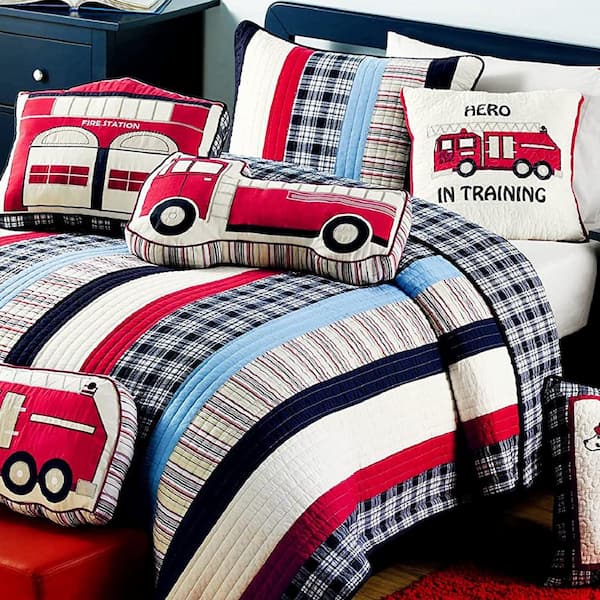 Cozy Line Home Fashions Red White Blue 3-Piece Patriotic Hero Firetruck Station Dalmatian Dog Plaid Stripped Cotton Queen Quilt Bedding Set