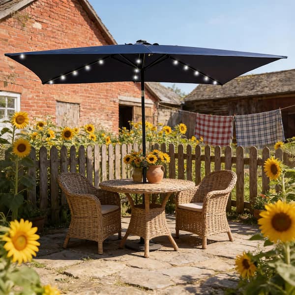 10 ft. Metal Patio Umbrella in Navy Blue with LED Lighted and Push Button Tilt