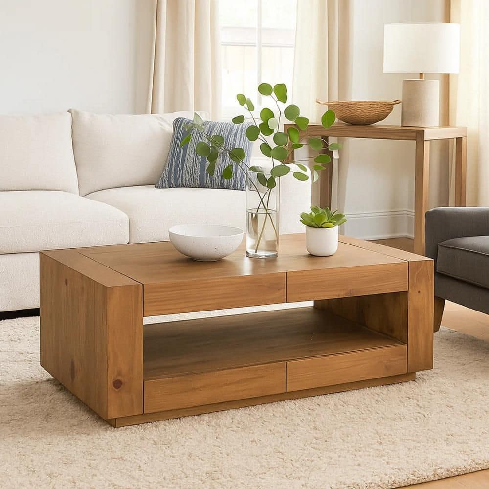 Benjara Ayma 50 in. Oak Brown Rectangle Wood Coffee Table with