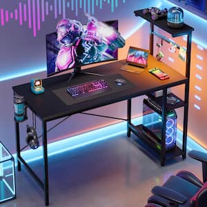 44 in. Rectangular Black Grained Gaming Desk with RGB LED Lights Computer Desk with 4 Tier Storage Shelves and Hooks
