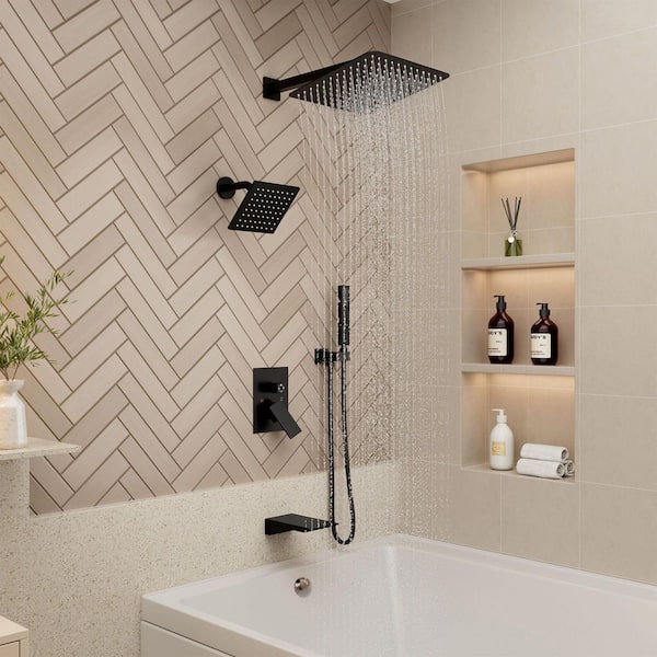 4 Spray Settings 12 in. Wall Mounted Fixed and Handheld Shower Head 1.8 GPM in Matte Black