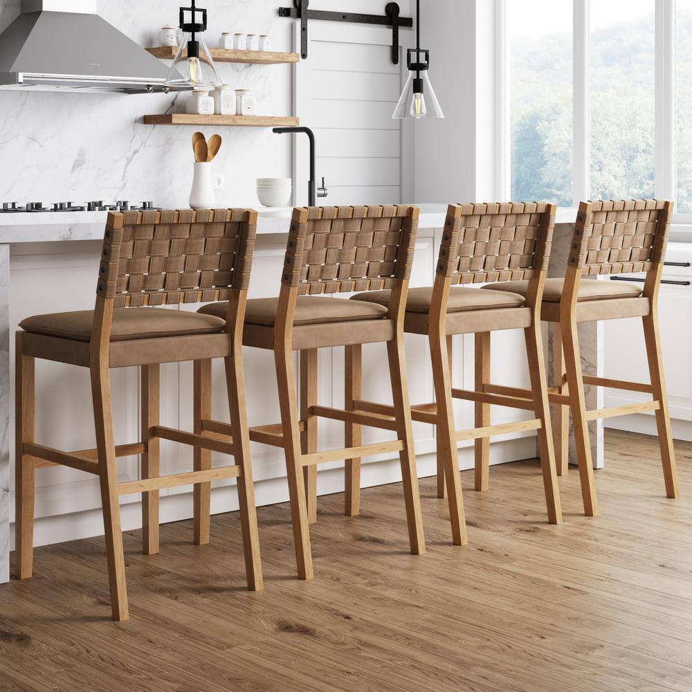 Cohen Natural Brown Wood and Faux Leather Bar Stools, Set of 4