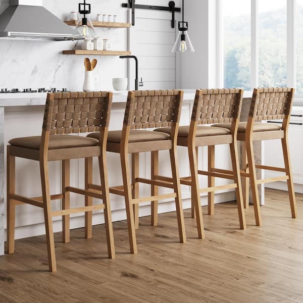 Cohen 29 in. Natural Brown Wood Mid-Century Faux Leather Counter Height Bar Stool, with Woven Back for Kitchen, Set of 4
