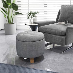 Grey Upholstered Round Ottoman Cushioned Storage Footstool with Solid Rubber Feet