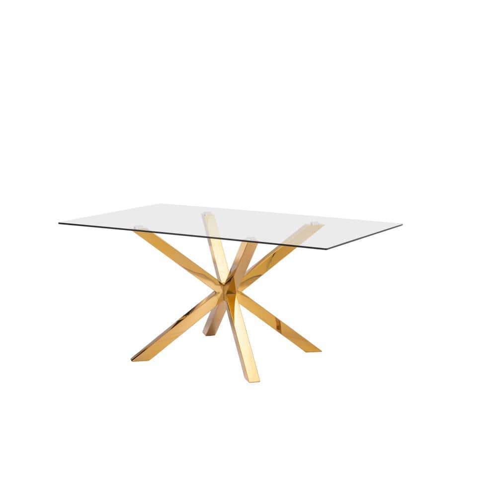 Elegant 63" Rectangular Clear Glass Dining Table with Gold Stainless Steel Base