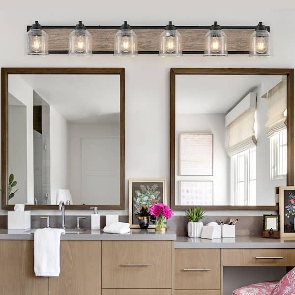 48.5 in. 6-Light Farmhouse Vanity Light Fixture Wall Sconce with Seeded Glass Shades,Rustic Black,Wood Backplate,No Bulb