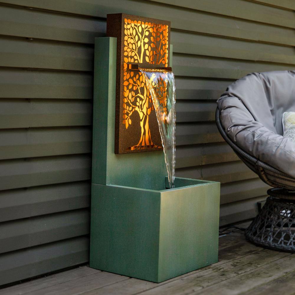 Patina Green Galvanized Steel Outdoor Water Fountain with LED Lights