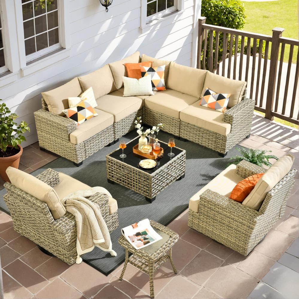 Lauren 9-Piece Wicker Patio Conversation Seating Sofa Set with Beige Cushions and Swivel Rocking Chairs price history on PriceWatchPro