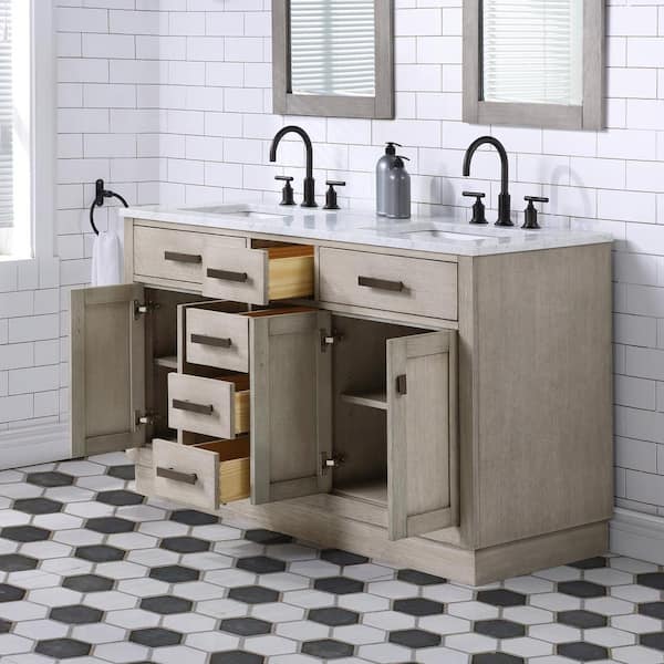 Chestnut 60 in.W x 21.5 in.D x 34.2 in.H Double Sink Bath Vanity in Grey Oak with Carrara White Marble Top and Faucets