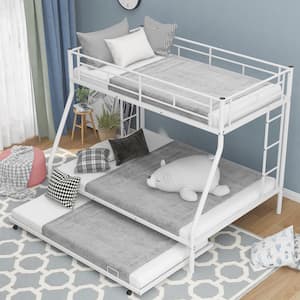 White Twin Over Full Metal Bunk Bed with Twin Size Trundle