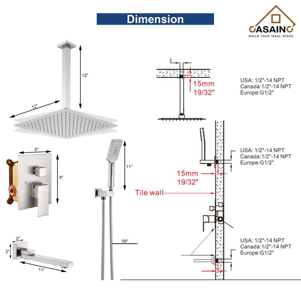 Brushed Nickel Ceiling Mounted Rain Shower System with Handheld