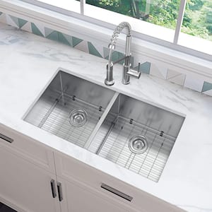 Professional Zero Radius 32 in. Undermount Double Bowl 16 Gauge Stainless Steel Kitchen Sink with Spring Neck Faucet