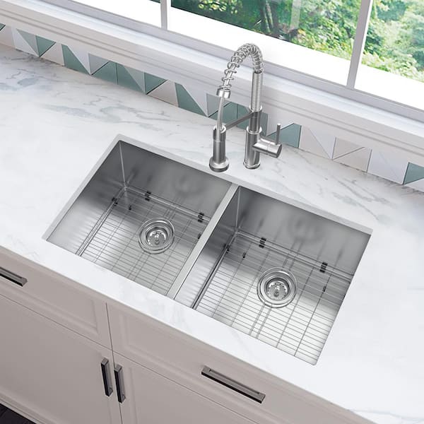 Professional Zero Radius 32 in. Undermount Double Bowl 16 Gauge Stainless Steel Kitchen Sink with Spring Neck Faucet