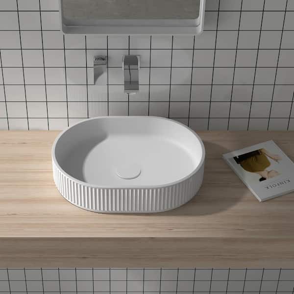 Cordona 19 in. Vessel Bathroom Sink in White Natural Stone with Drain