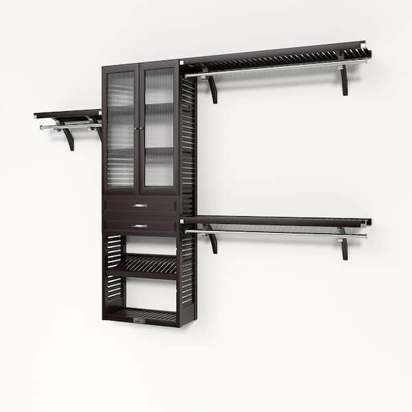 72 in. W - 120 in. W Espresso Reach in with 2 Drawers and Glass Door 12 in. Shelf Wood Closet System