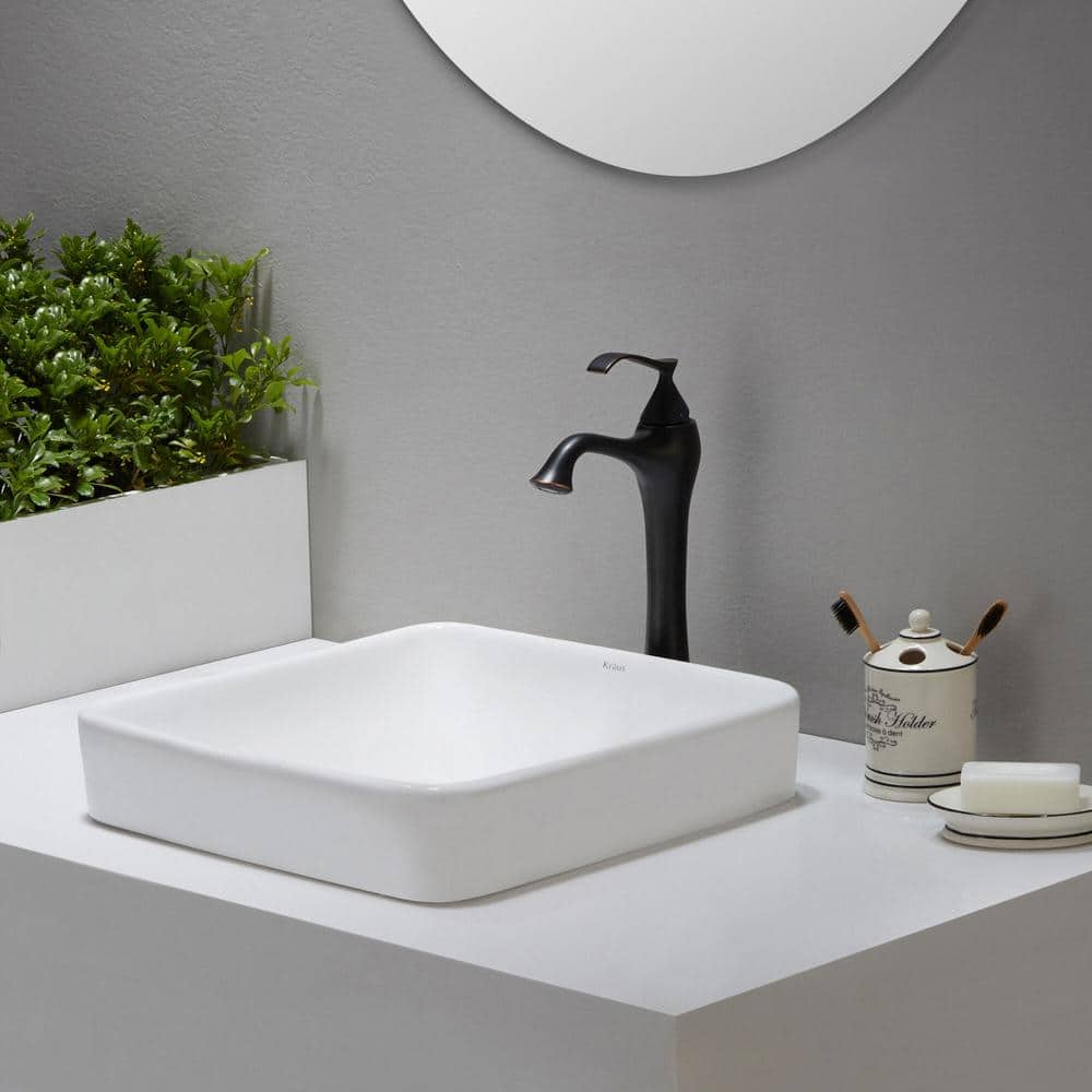 Elavo White Ceramic Square Semi-Recessed Bathroom Sink with Overflow