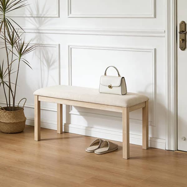 Orwick Modern Rustic 38 in. Light Oak Finish Wood and Beige Fabric Upholstered Entryway Ottoman Bedroom Bench