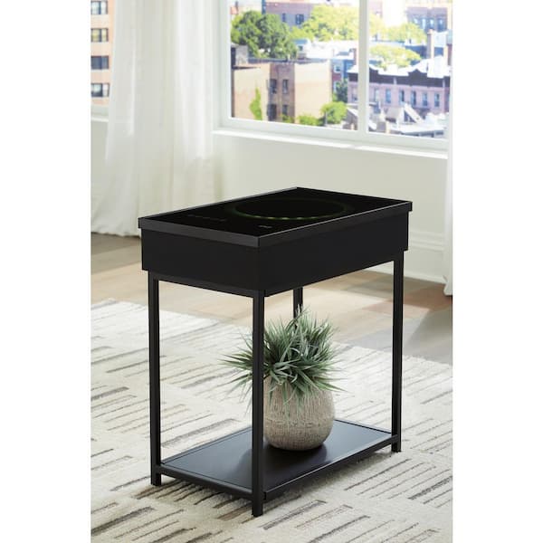 Gemmet 15 in. Black Rectangle Glass End Table with Shelves and Storage